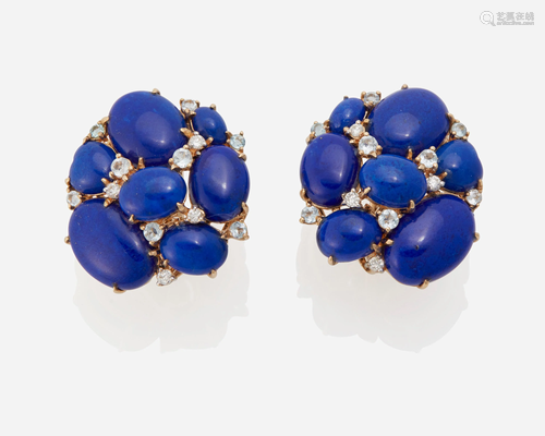 A pair of lapis lazuli and blue topaz ear clips