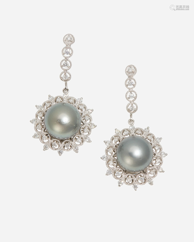 A pair of Tahitian cultured pearl and diamond earrings