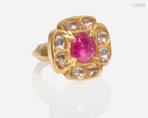 An Indian ruby and diamond ring