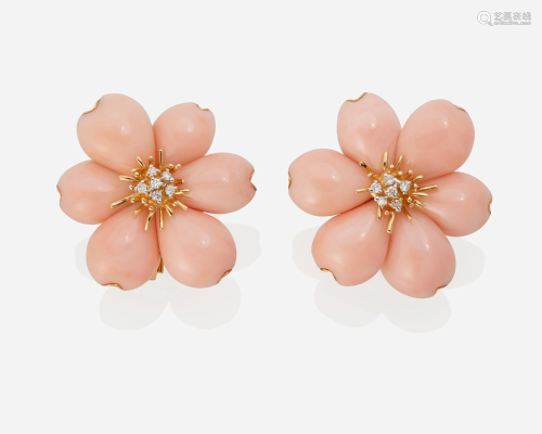 A pair of coral and diamond flower ear clips