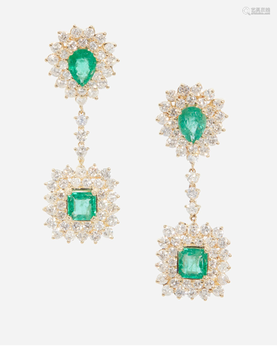 A pair of emerald and diamond ear pendants