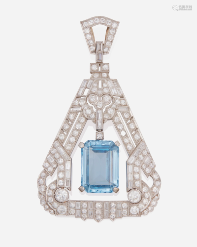 An Art Deco Aquamarine and diamond pendant