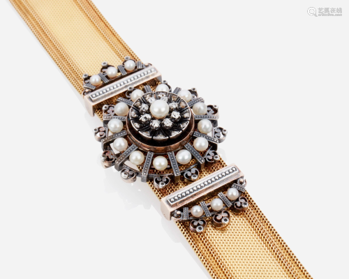 A French diamond and pearl bracelet/brooch
