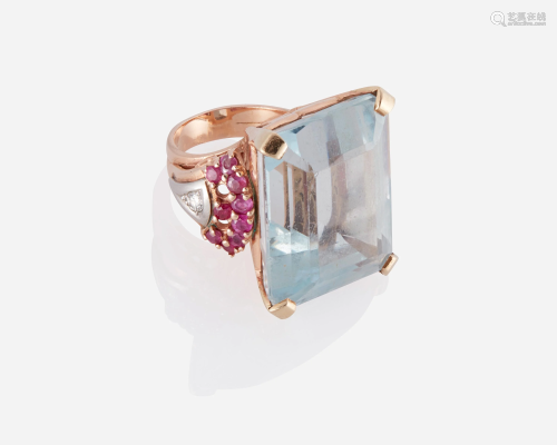 A retro aquamarine, ruby, and diamond ring