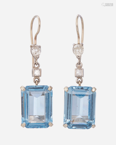 A pair of simulated aquamarine and diamond earrings