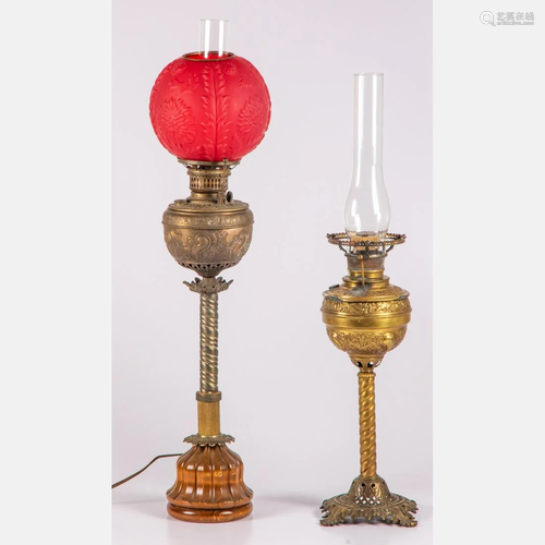 Two American Brass Oil Lamps,