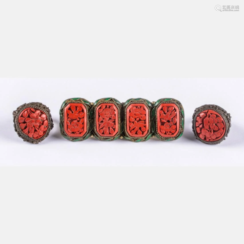 A Group of Chinese Carved Cinnabar Lacquered Jewelry,