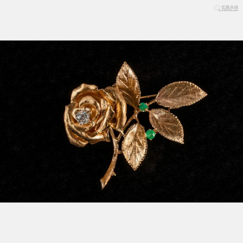 A 14kt Yellow Gold Diamond and Emerald Flower Form