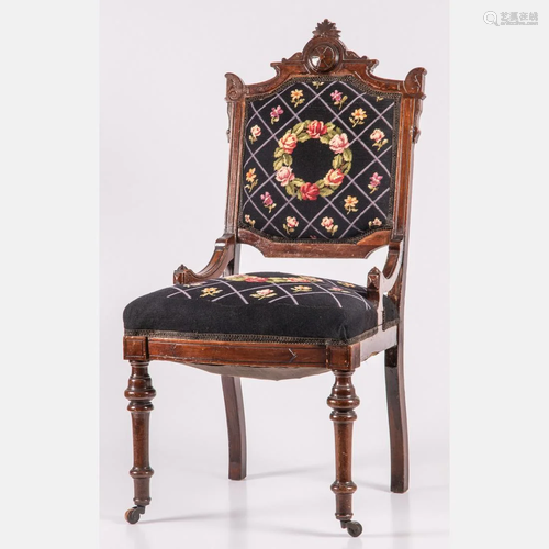 A Victorian Walnut and Embroidered Upholstered Side