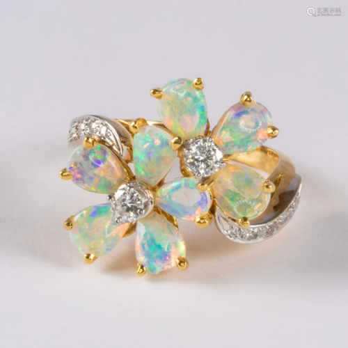 A 14kt Yellow Gold Opal and Diamond Ring,