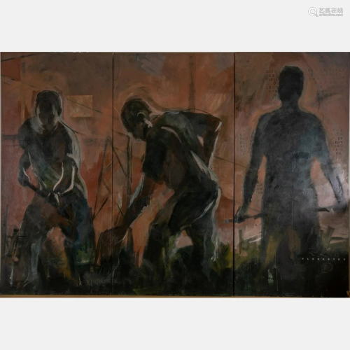 P. L. Shuster (20th Century) Coal, Triptych, Oil on