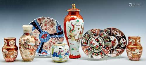 A pair of Kutani vases, 12.5cm h, a Satsuma vase, 19cm h and...