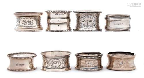 Eight Victorian and later silver napkin rings, various maker...