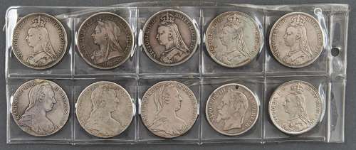 United Kingdom and foreign silver coins. Crown, Victoria (6)...