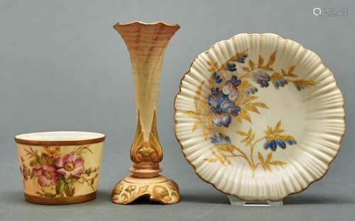 A Royal Worcester vase, barrel shaped sugar bowl and Old Ivo...