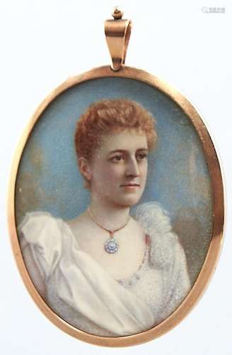 English School, c1900 - Portrait miniature of a lady in a wh...