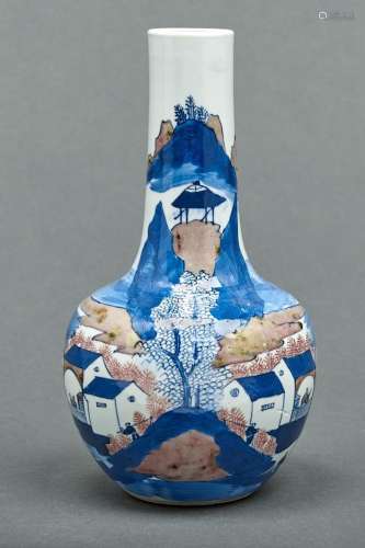 A Chinese underglaze blue and red bottle shaped vase, Qing d...