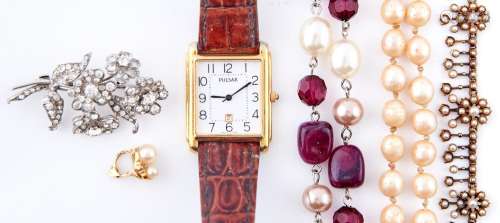 Miscellaneous costume jewellery and a gold plated wristwatch