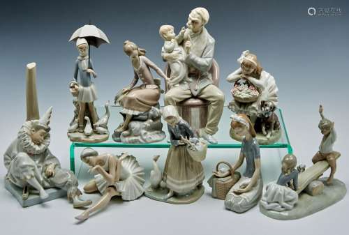 Eight Lladro figures, to include grandfather and child, slee...
