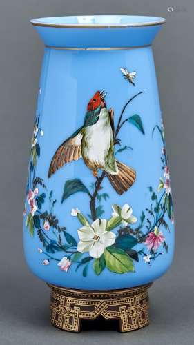 A French enamelled lavender blue glass vase, c1880, of taper...