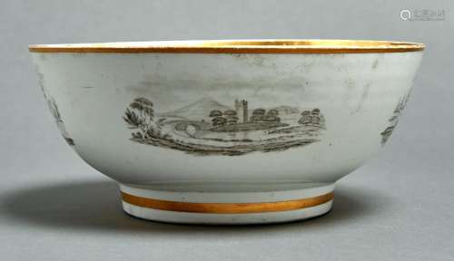 A Chamberlain Worcester punch bowl, c1805, with five landsca...