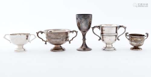Five miniature silver trophy cups, 5cm h and smaller, variou...