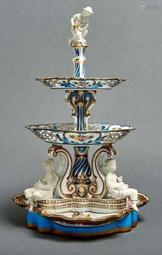 A French porcelain centrepiece, late 19th c, in three tiers ...