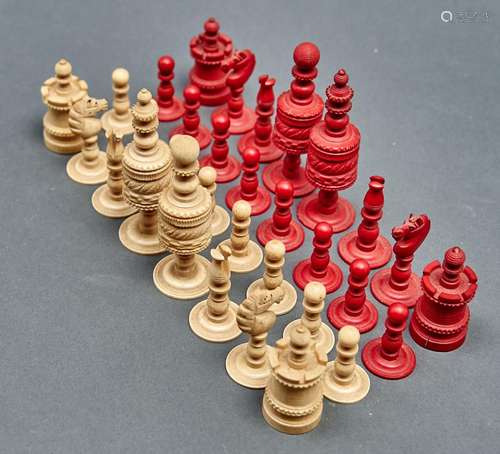 A Victorian bone and red stained bone Barleycorn chess set, ...