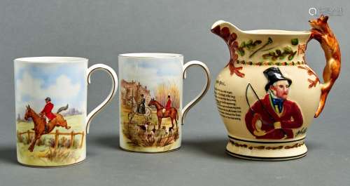 A pair of Royal Crown Derby John Peel mugs, mid 20th c, prin...