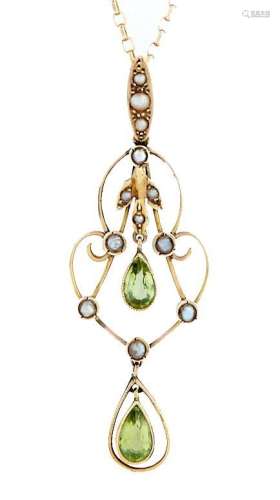 A peridot, split pearl and gold openwork pendant, early 20th...