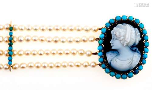 A cultured pearl four row choker-necklace with turquoise spa...