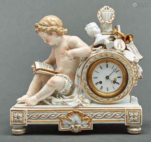 A Meissen clock case, late 19th c, the drum cased movement s...