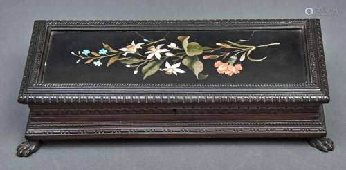 An Italian ebonised glove box, the lid inset with pietre dur...