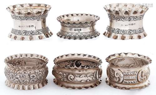 Four Victorian and two Edwardian silver napkin rings, variou...
