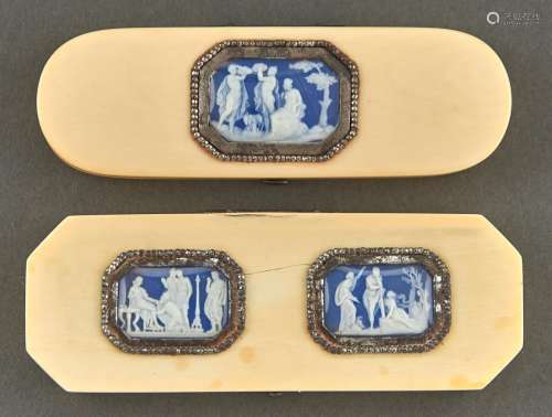 Two George III ivory toothpick boxes set with Wedgwood jaspe...