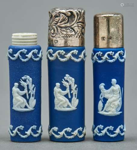 Three similar cylindrical dark blue jasper dip scent bottles...