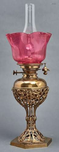 A Victorian brass openwork oil lamp, c1880, of anthemion and...