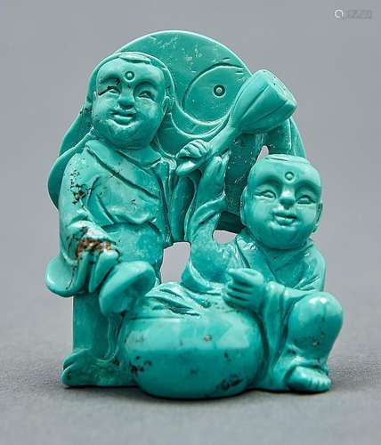 A Chinese carved turquoise group of boys, 20th c, 60mm h Goo...