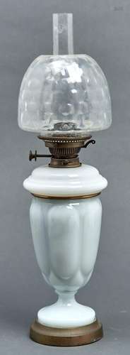 A Victorian white glass oil lamp, c1900, with detachable fou...