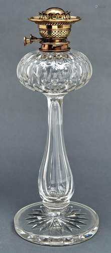 A Victorian cut glass oil lamp, c1880, the compressed fount ...