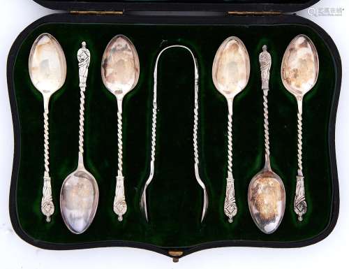 A set of six Edwardian silver teaspoons and pair of sugar bo...