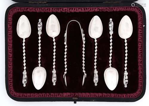 A set of six Victorian silver coffee spoons and pair of suga...
