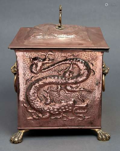 An Arts and Crafts copper repousse coal box and cover, early...