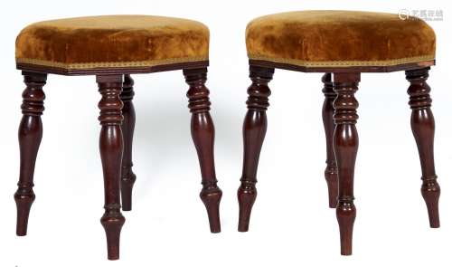 A pair of Victorian octagonal mahogany stools, the stuffed o...