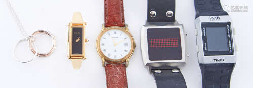 A Gucci gold plated fashion watch, three gentleman's wristwa...