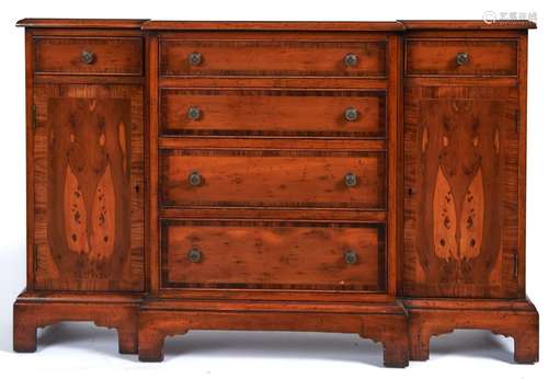 A reproduction yew veneered breakfront dwarf sideboard, late...