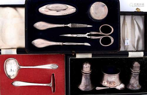 A George V five piece silver manicure set, by W J Myatt & Co...