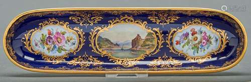 A Meissen pen tray, c1870, finely painted with a steam vesse...