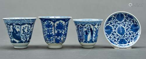 Two and a pair of Chinese blue and white beakers and a stand...