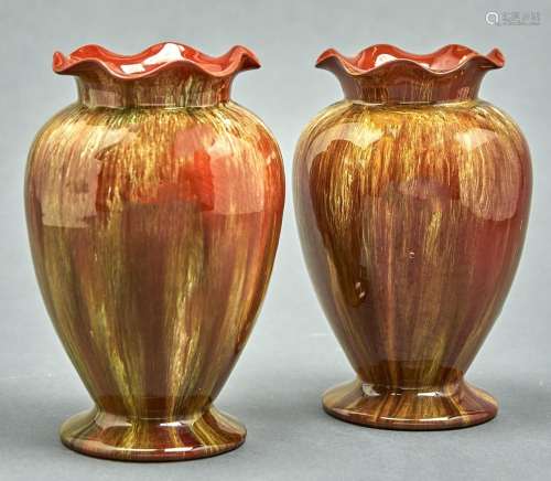 A pair of Linthorpe art pottery vases, c1885, with frilled n...